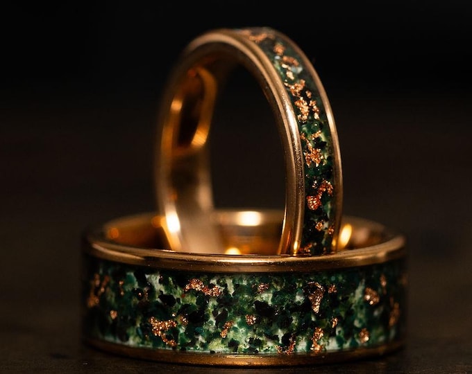 Rose Gold Wedding Band with 24k Rose Gold Flake and Moss Agate Stone, Gold Wedding Ring for Men Women, 4mm 8mm Moss Agate Rose Gold Rings