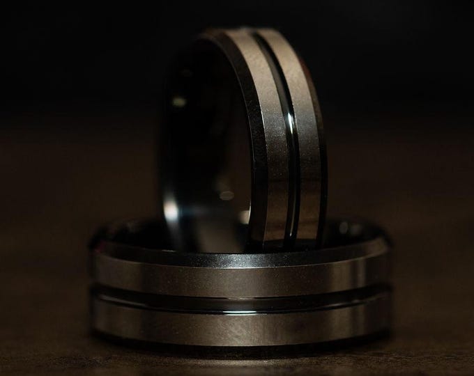 Two Tone Black and Silver Wedding Band, Polished Silver Ring with Black Stripes, Silver and Black Tungsten Ring