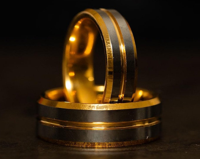 Silver and Gold Two Tone Wedding Band, 18k Gold Silver Stripe Ring with Polished Finish, Mens 2 tone Gold and Silver Ring