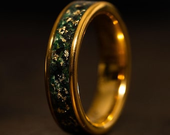 Gold Wedding with Moss Agate Stone and 24k gold flakes Inlay, Moss Agate Ring with Gold Inlay