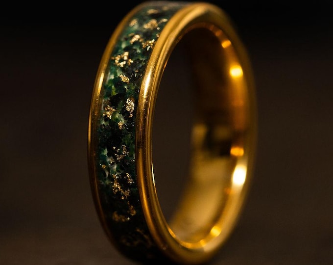 Gold Wedding with Moss Agate Stone and 24k gold flakes Inlay, Moss Agate Ring with Gold Inlay