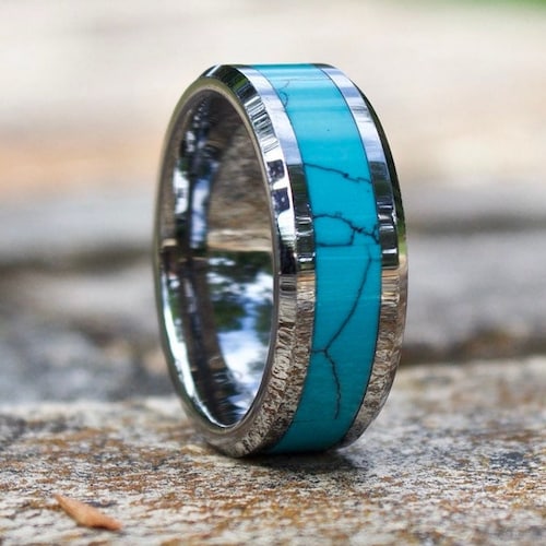 Turquoise Ring Mens Turquoise Ring Wood Wedding Band Etsy