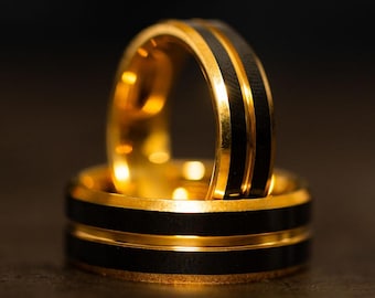 Anello a strisce in oro 18 carati lucido, fede nuziale bicolore, anello da uomo in tungsteno dorato con strisce nere, anello nero e oro