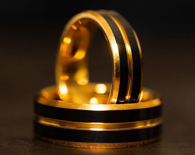 Polished 18k Gold Stripe Ring, Two Tone Wedding Band, Gold Tungsten Mens Band with Black Stripes, Black and Gold Ring