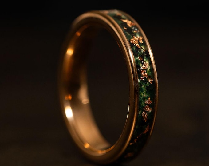 4mm Rose Gold Moss Agate Ring, 18k Rose Gold Band with Moss Agate Stone and Gold Flake Inlay