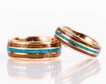 Wood Opal Ring, Mens Wedding Band, Rose Gold Wedding Band, Opal Ring, Mens Wood Ring, Wood Wedding Band, Wood Ring, Tungsten Wedding Ring