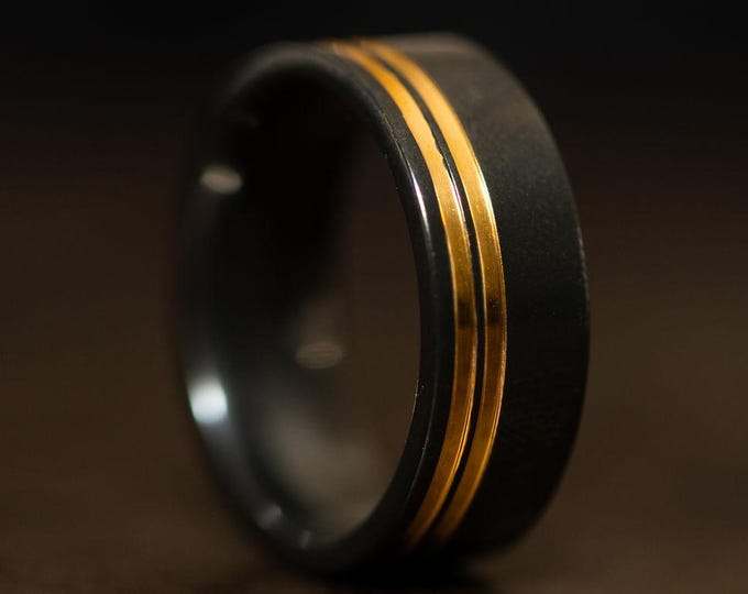Black Zirconium Ring with Double 24k Gold Inlay, Men's Black and Gold Wedding Band