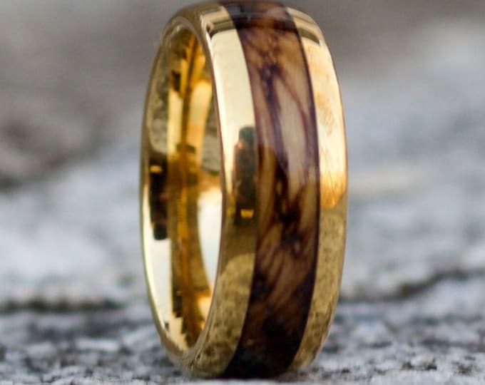 Gold Wedding Band, Mens Gold Wedding Band, Wood Wedding Ring, Whiskey Barrel Ring, Gold Tungsten Ring for Men, Wooden Jewelry