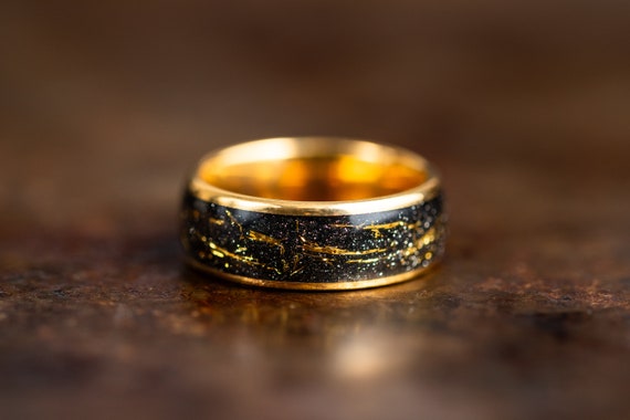 Gold Wedding Band with Meteorite Inlay, Gold Wedding Ring for Men Women with Meteorite, Polished Gold Tungsten Ring, Unique Wedding Band