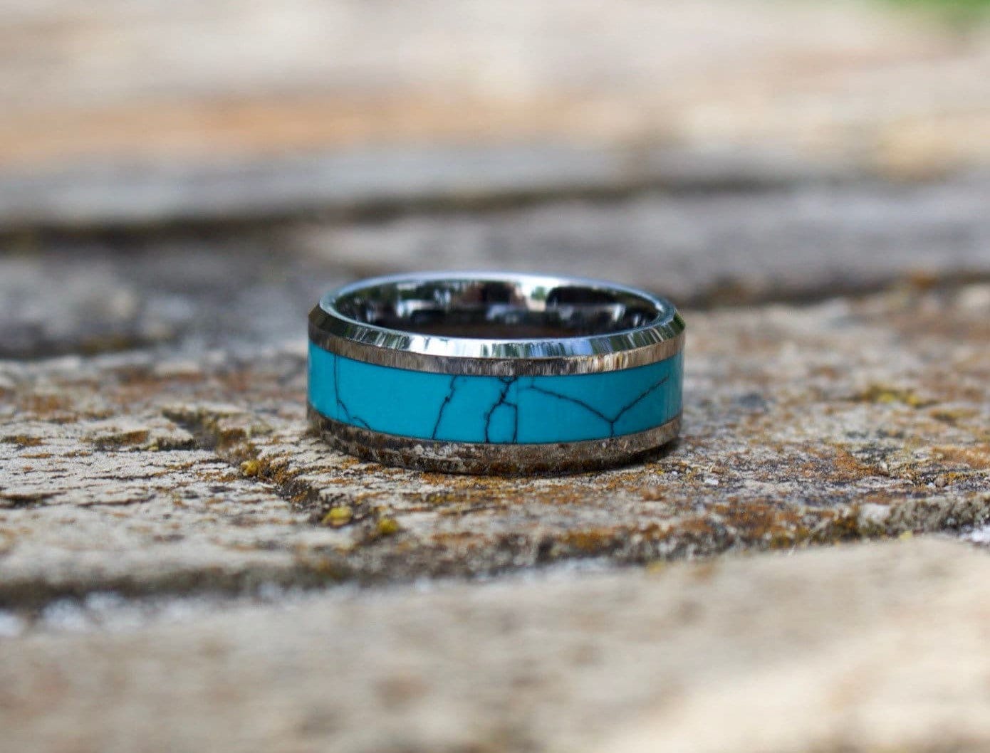 Turquoise Ring, Mens Turquoise Ring, Wood Wedding Band, Wedding Band