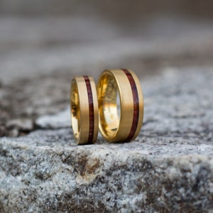 GOLD WEDDING Ring, 18K Yellow Gold Wedding Band, Men's Engagement Ring, Wood Inlay Gold Ring, Gold Tungsten Ring, Men's Wedding Band Gold image 6