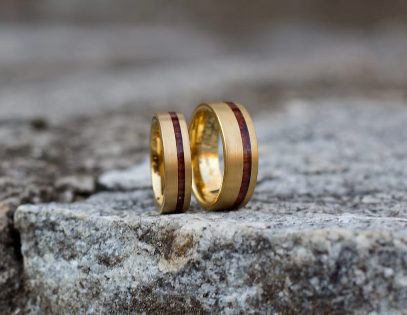 GOLD WEDDING Ring, 18K Yellow Gold Wedding Band, Men's Engagement Ring, Wood Inlay Gold Ring, Gold Tungsten Ring, Men's Wedding Band Gold image 6