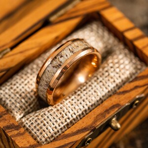 Rose Gold wedding Rings with Antler, Antler Ring, Rose Gold wood ring, Antler Band, Mens Wedding Band, Wedding Band set his and hers image 6