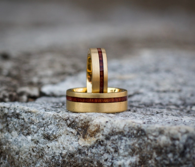 GOLD WEDDING Ring, 18K Yellow Gold Wedding Band, Men's Engagement Ring, Wood Inlay Gold Ring, Gold Tungsten Ring, Men's Wedding Band Gold image 1