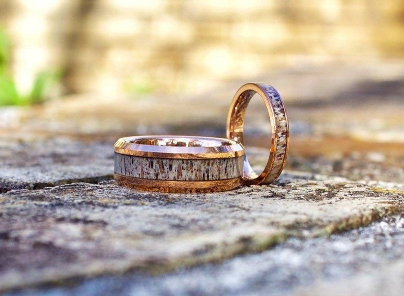 Rose Gold wedding Rings with Antler, Antler Ring, Rose Gold wood ring, Antler Band, Mens Wedding Band, Wedding Band set his and hers image 8