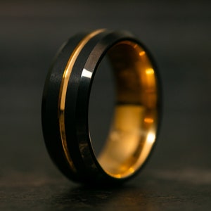 Black and Gold Wedding Band for Men, 24k Gold Tungsten Engagement Ring, Black Ring for Men with Gold Trim, Gold and Black Ring image 2