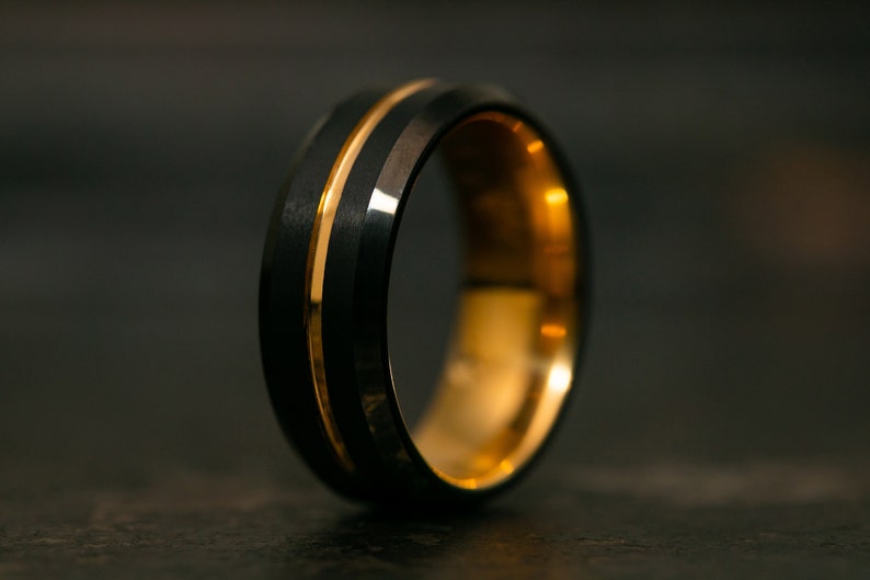 Black and Gold Wedding Band for Men, 24k Gold Tungsten Engagement Ring, Black Ring for Men with Gold Trim, Gold and Black Ring image 2