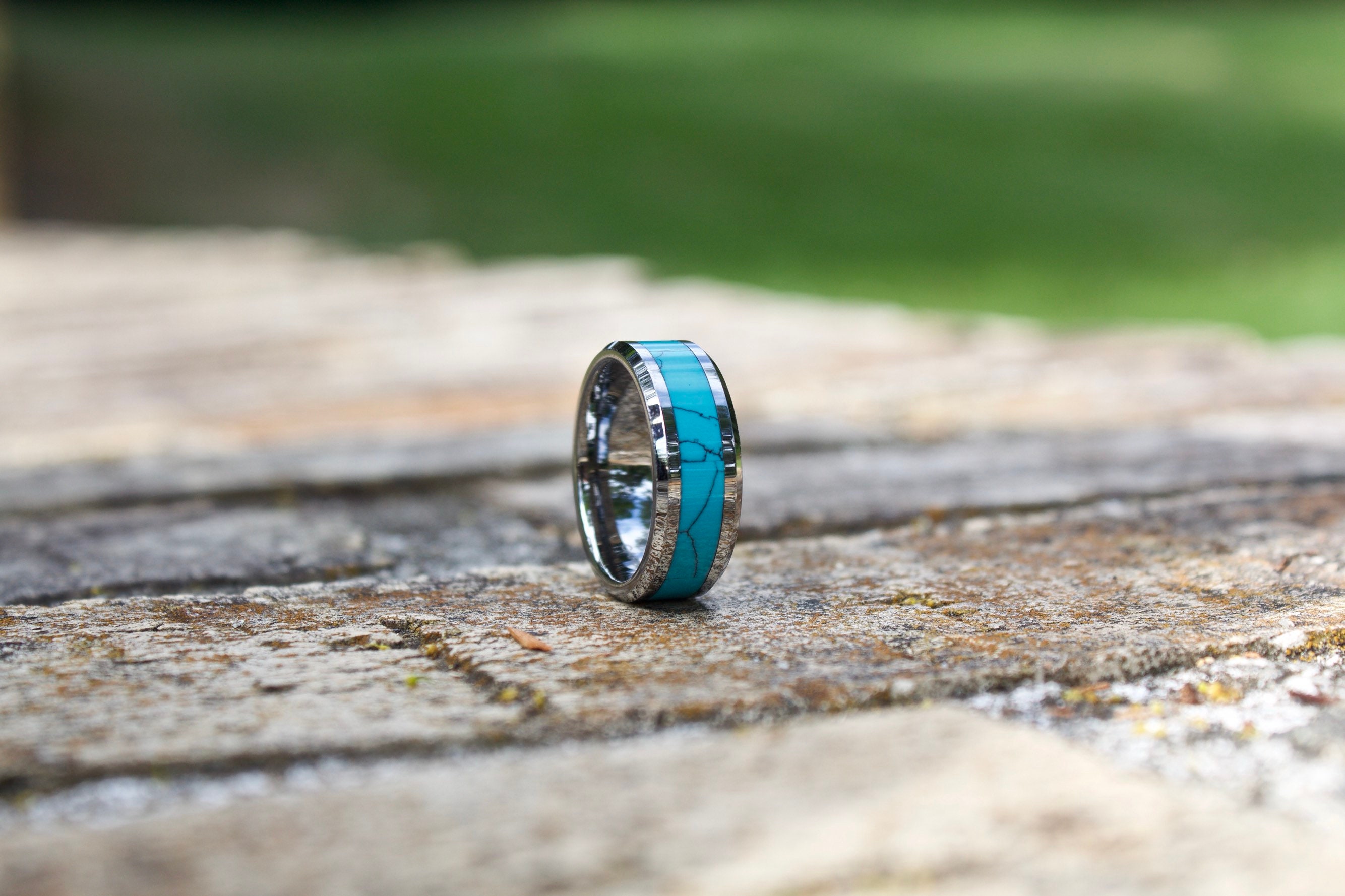 Turquoise Ring, Mens Turquoise Ring, Wood Wedding Band, Wedding Band