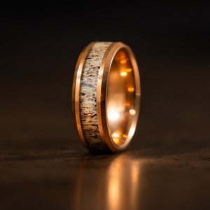 Rose Gold wedding Rings with Antler, Antler Ring, Rose Gold wood ring, Antler Band, Mens Wedding Band, Wedding Band set his and hers image 2