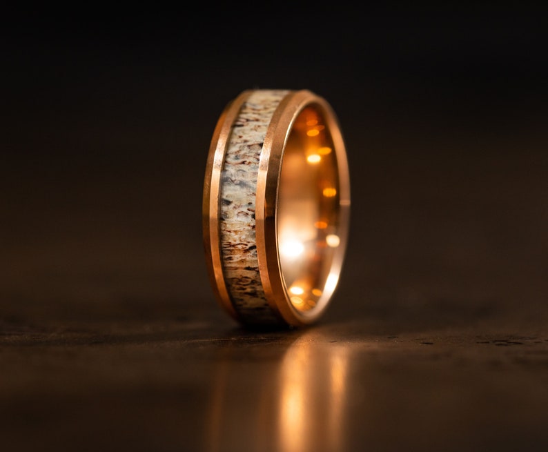 Rose Gold wedding Rings with Antler, Antler Ring, Rose Gold wood ring, Antler Band, Mens Wedding Band, Wedding Band set his and hers image 2