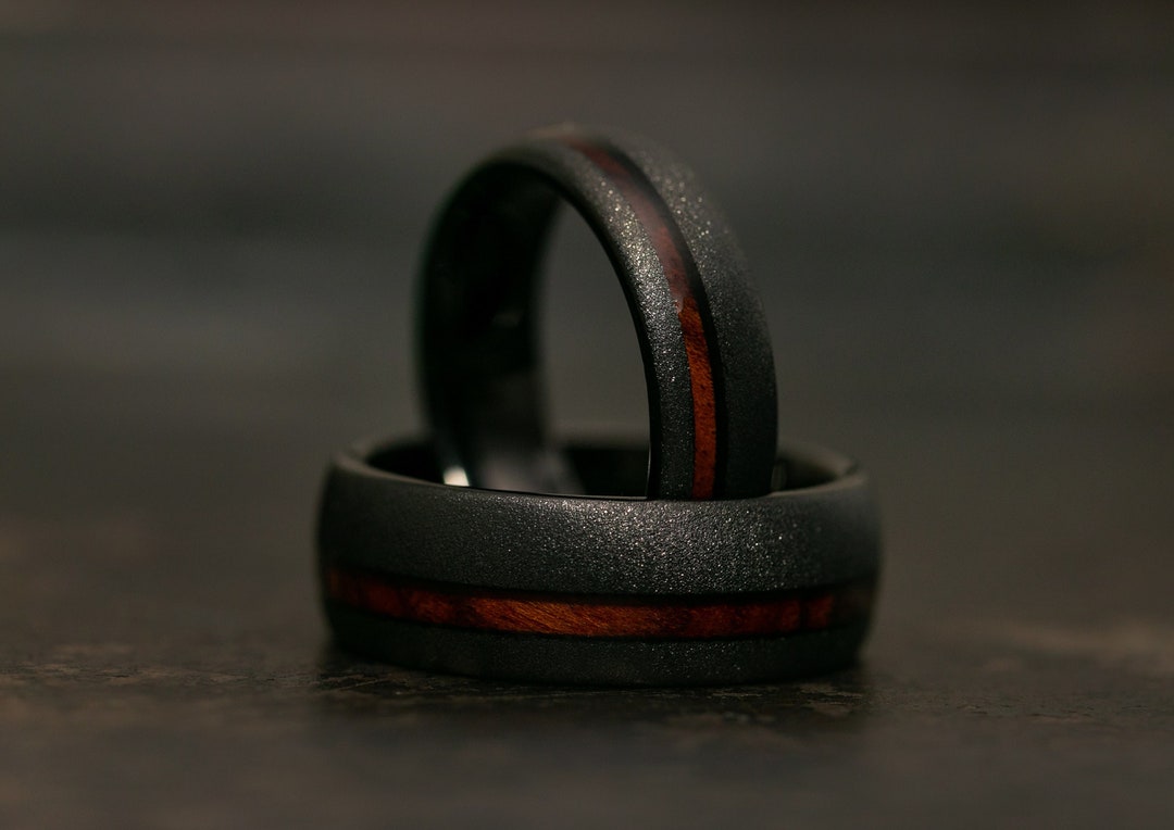 Sandblasted Black Ring for Men With Whiskey Barrel Wood, Wood Ring