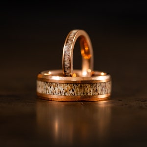 Rose Gold wedding Rings with Antler, Antler Ring, Rose Gold wood ring, Antler Band, Mens Wedding Band, Wedding Band set his and hers image 3