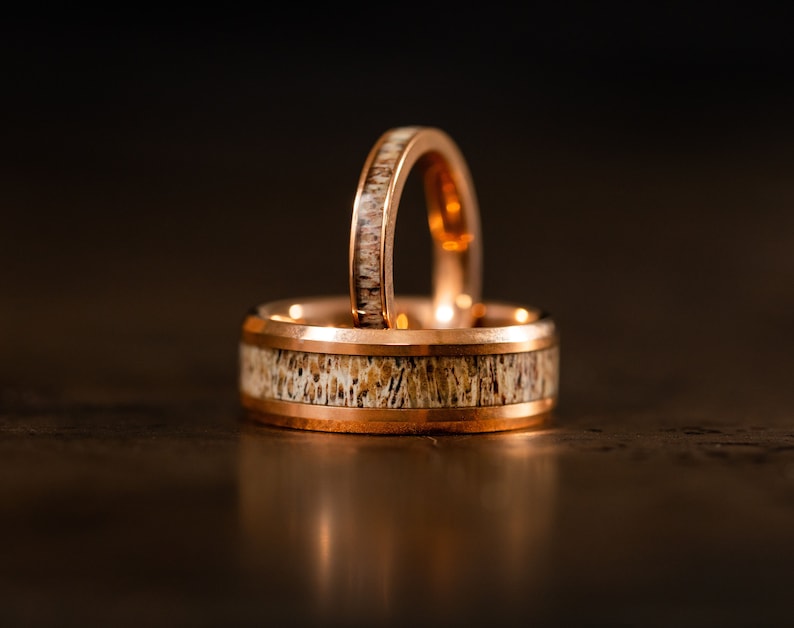 Rose Gold wedding Rings with Antler, Antler Ring, Rose Gold wood ring, Antler Band, Mens Wedding Band, Wedding Band set his and hers image 3