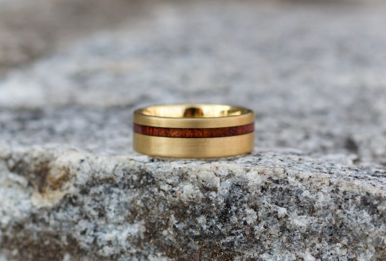 GOLD WEDDING Ring, 18K Yellow Gold Wedding Band, Men's Engagement Ring, Wood Inlay Gold Ring, Gold Tungsten Ring, Men's Wedding Band Gold image 2