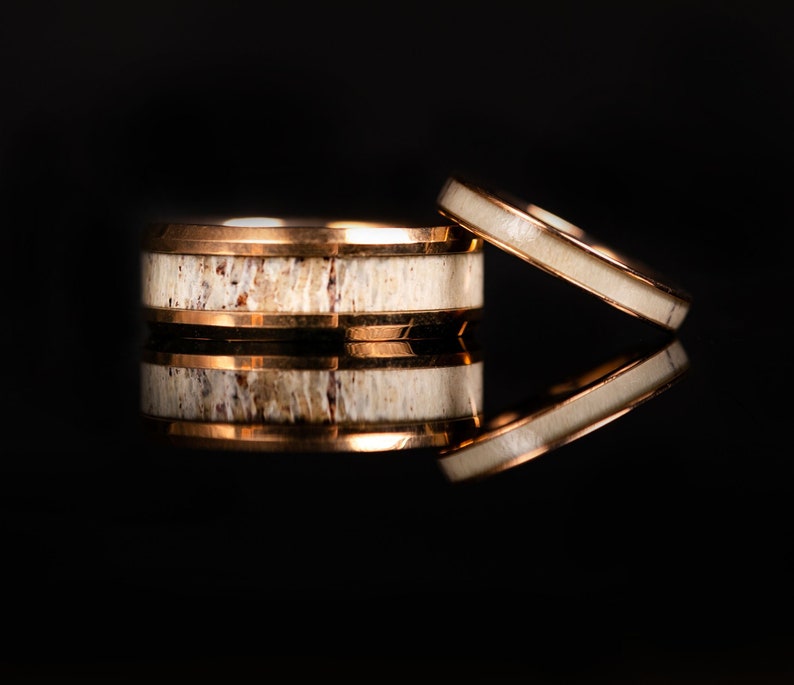 Rose Gold wedding Rings with Antler, Antler Ring, Rose Gold wood ring, Antler Band, Mens Wedding Band, Wedding Band set his and hers image 4