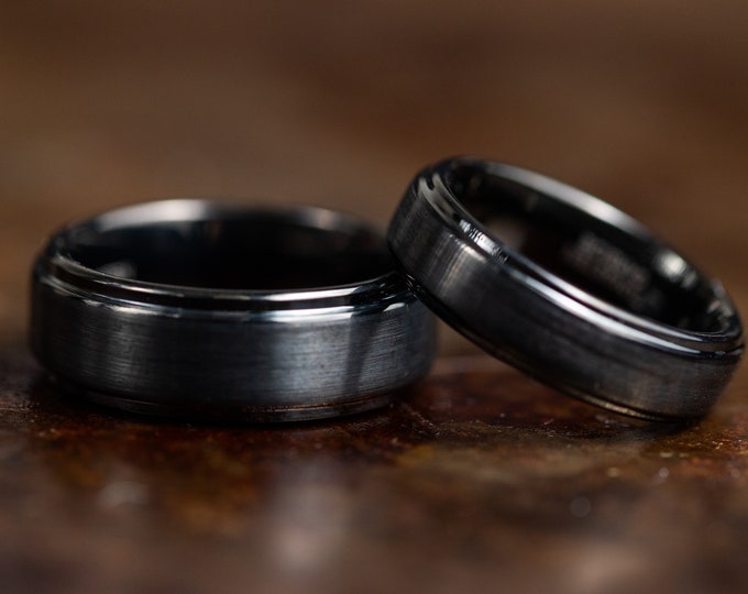Brushed Black Tungsten Ring for Men Women, Rustic Black Wedding Ring, 6mm 8mm, Black Wedding Band Tungsten Carbide Beveled Edges, Black Ring