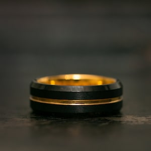 Black and Gold Wedding Band for Men, 24k Gold Tungsten Engagement Ring, Black Ring for Men with Gold Trim, Gold and Black Ring image 4