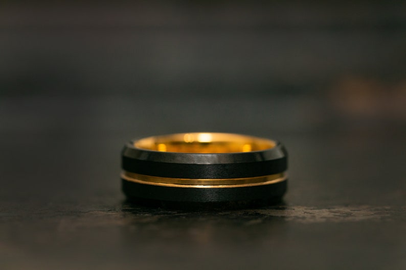 Black and Gold Wedding Band for Men, 24k Gold Tungsten Engagement Ring, Black Ring for Men with Gold Trim, Gold and Black Ring image 4