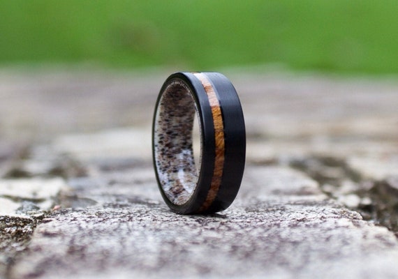 Men Rings - Mens Wedding Ring 8mm Two Koa Wood Inlay Tungsten Wood Ring 8