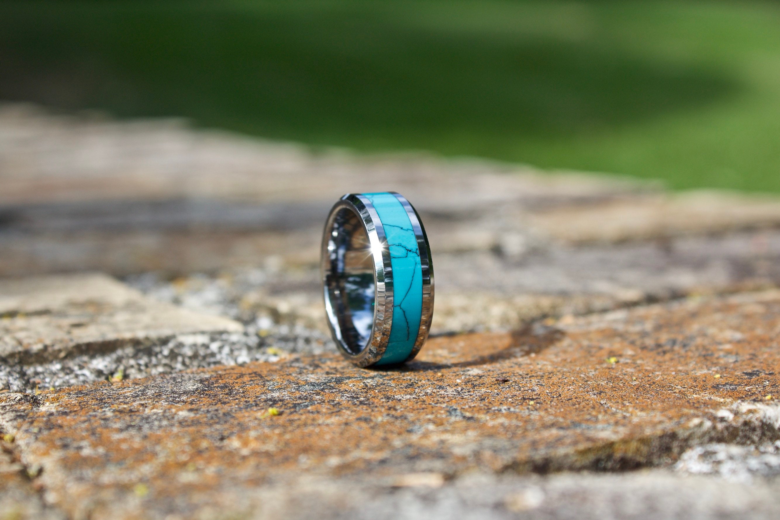 Turquoise Ring, Mens Turquoise Ring, Wood Wedding Band, Wedding Band