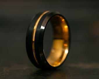 Black and Gold Wedding Band for Men, 24k Gold Tungsten Engagement Ring, Black Ring for Men with Gold Trim, Gold and Black Ring
