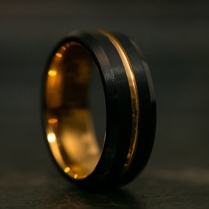 Black and Gold Wedding Band for Men, 24k Gold Tungsten Engagement Ring, Black Ring for Men with Gold Trim, Gold and Black Ring image 3