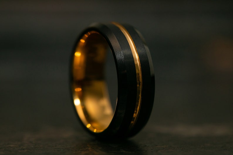 Black and Gold Wedding Band for Men, 24k Gold Tungsten Engagement Ring, Black Ring for Men with Gold Trim, Gold and Black Ring image 3