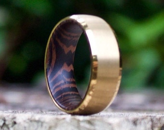 Gold Wood Ring, Gold Engagement Band for Men Women, Wood Inlay Ring, Handmade Jewelry, 18k Gold Wedding Band with Wood