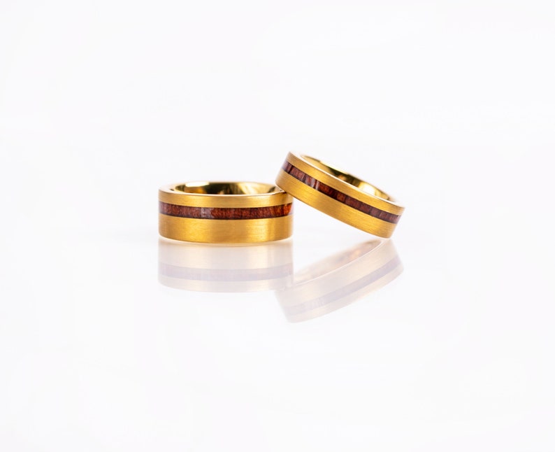 GOLD WEDDING Ring, 18K Yellow Gold Wedding Band, Men's Engagement Ring, Wood Inlay Gold Ring, Gold Tungsten Ring, Men's Wedding Band Gold image 5