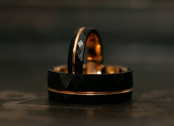 Black Wedding Rings for Men Women, 24K Rose Gold Faceted Wedding