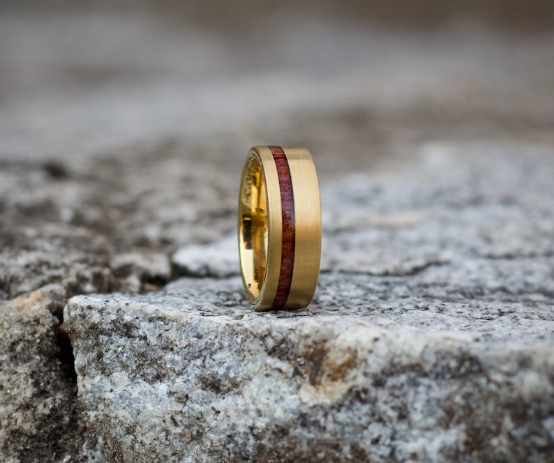 GOLD WEDDING Ring, 18K Yellow Gold Wedding Band, Men's Engagement Ring, Wood Inlay Gold Ring, Gold Tungsten Ring, Men's Wedding Band Gold image 7