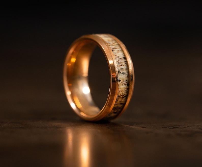 Rose Gold wedding Rings with Antler, Antler Ring, Rose Gold wood ring, Antler Band, Mens Wedding Band, Wedding Band set his and hers image 5