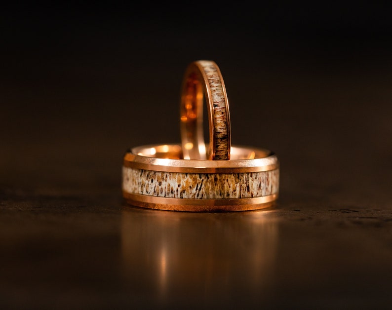 Rose Gold wedding Rings with Antler, Antler Ring, Rose Gold wood ring, Antler Band, Mens Wedding Band, Wedding Band set his and hers image 1