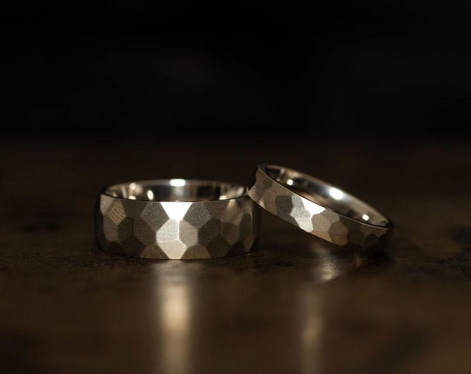 Silver Hammered Titanium Band with Machine Cut Finish, Men Women Silver Couples Ring, 4mm 8mm
