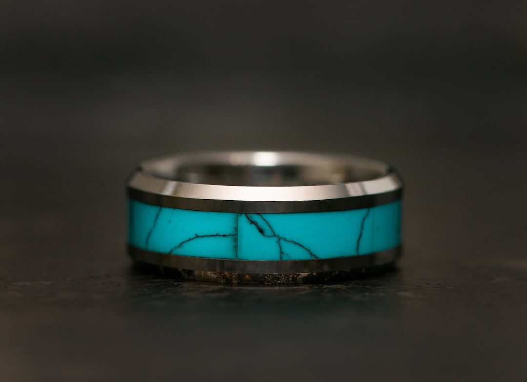Turquoise Ring, Mens Turquoise Ring, Wood Wedding Band, Wedding Band