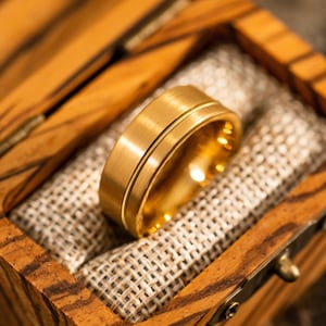 Puede incluir: Una banda de boda de oro con un acabado cepillado y una sola ranura alrededor del centro. El anillo est&aacute; en una caja de madera con un forro de arpillera.