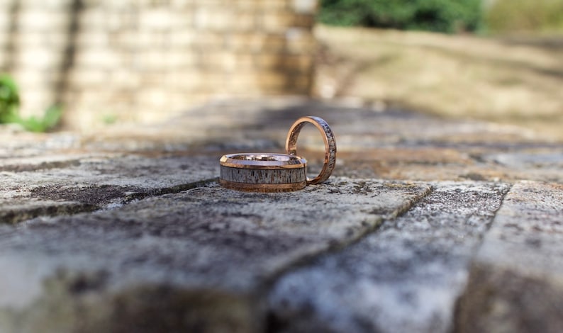 Rose Gold wedding Rings with Antler, Antler Ring, Rose Gold wood ring, Antler Band, Mens Wedding Band, Wedding Band set his and hers image 9