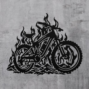 Flaming Mountain Bike Metal Wall Art, Laser Cut Powder Coated Steel Wall Art, Mountain Bike, Metal Wall Art, Wall Art, Laser Cut Metal Art.
