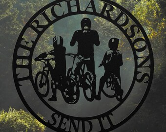 Father and Kids Custom Mountain Bike Wall Art. Personalized Father and Sons. Great Father's Day Gift. Steel Metal Wall Decor.