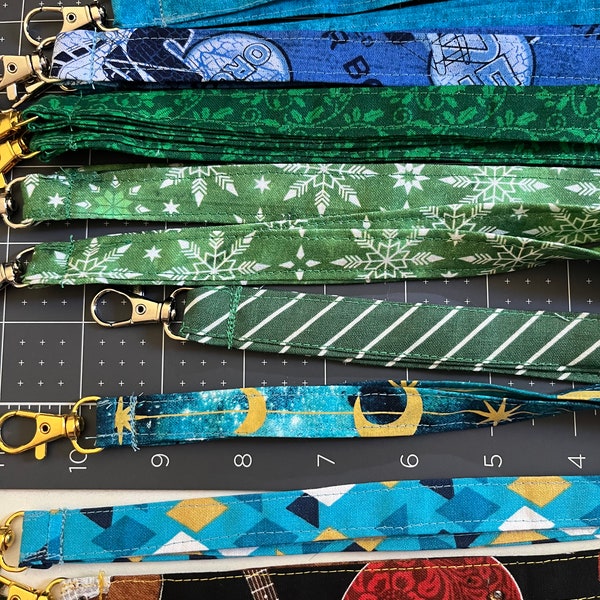 Fabric Lanyard, Handmade Badge Holder, Teacher Necklace, 21" Drop, Blue and Green Fabrics